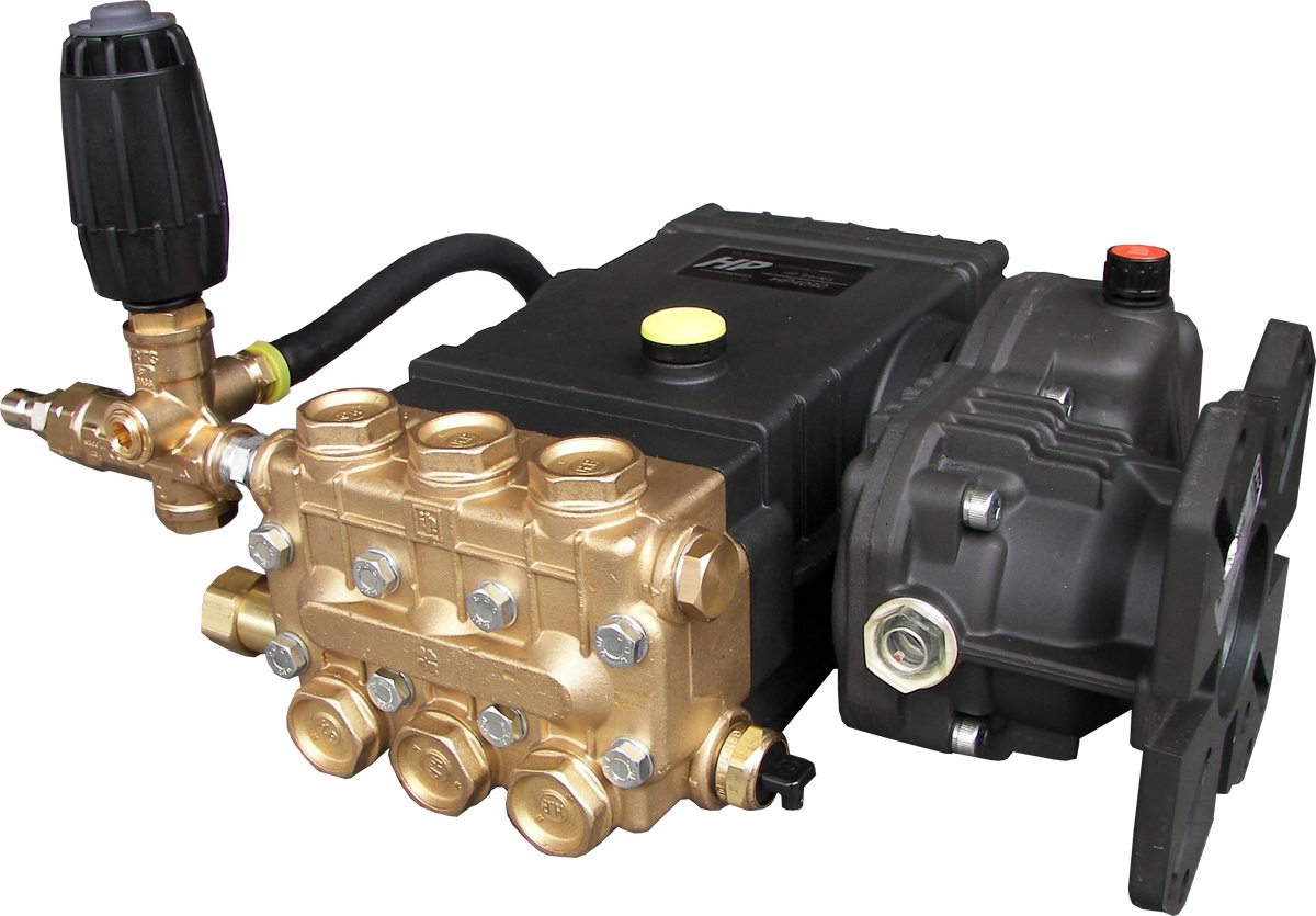 HP4040 pressure washer pump and gearbox assembly with plumbing and VRT unloader, SKU SLPHP4040UR-402